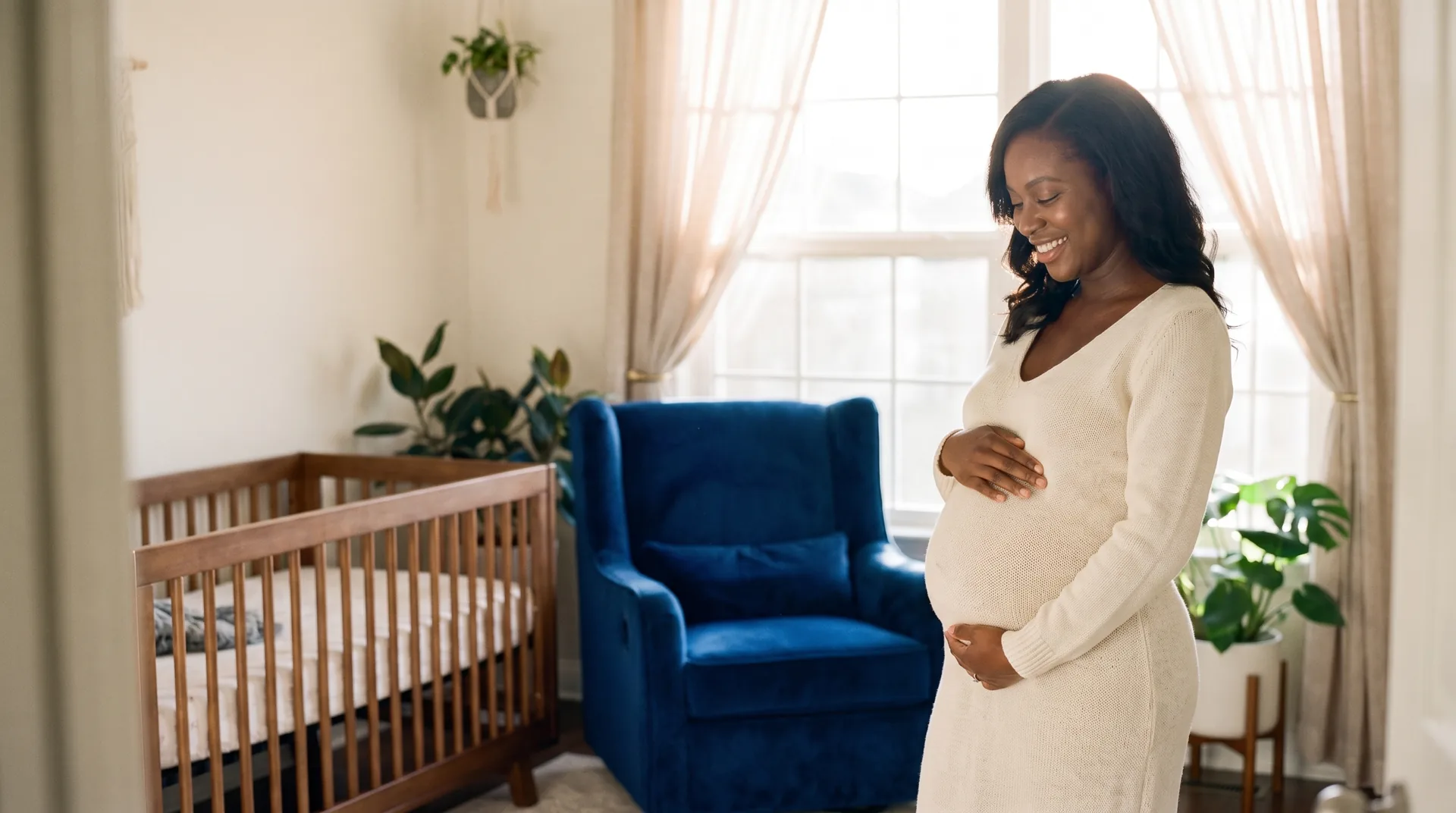 A glowing pregnant Black woman in a cream knit dress cradling her belly in a sunlit nursery with a royal-blue armchair