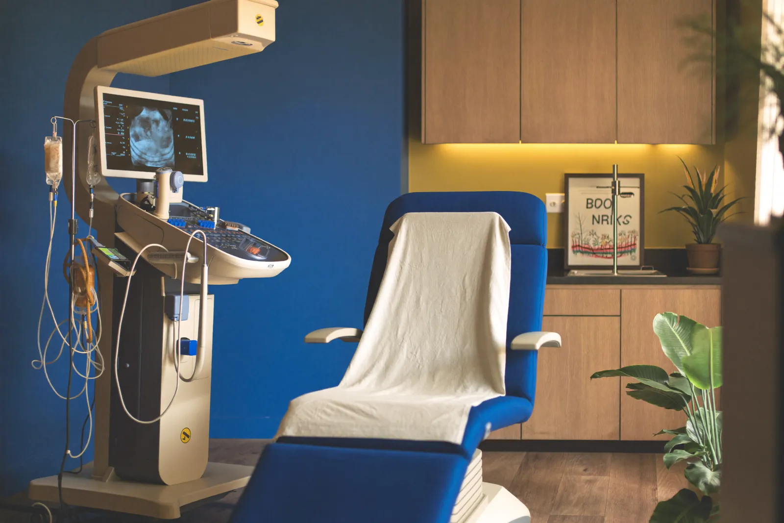 A private consultation room with soft light, wood cabinetry and modern ultrasound equipment